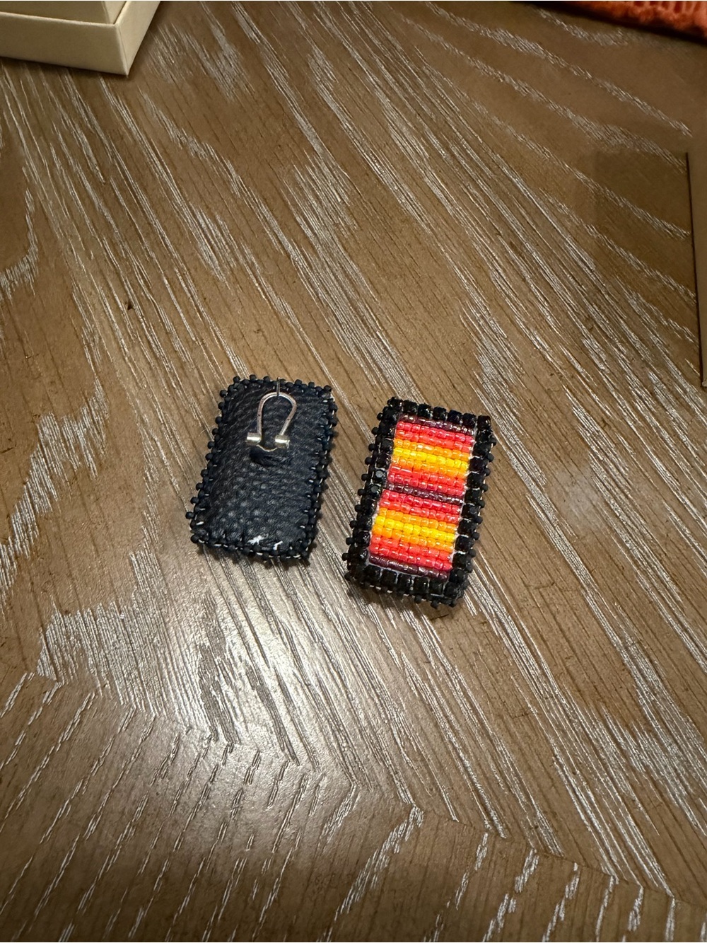 Handmade Beaded Rectangular Earrings in Red, Orange & Yellow - Picture 2 of 4